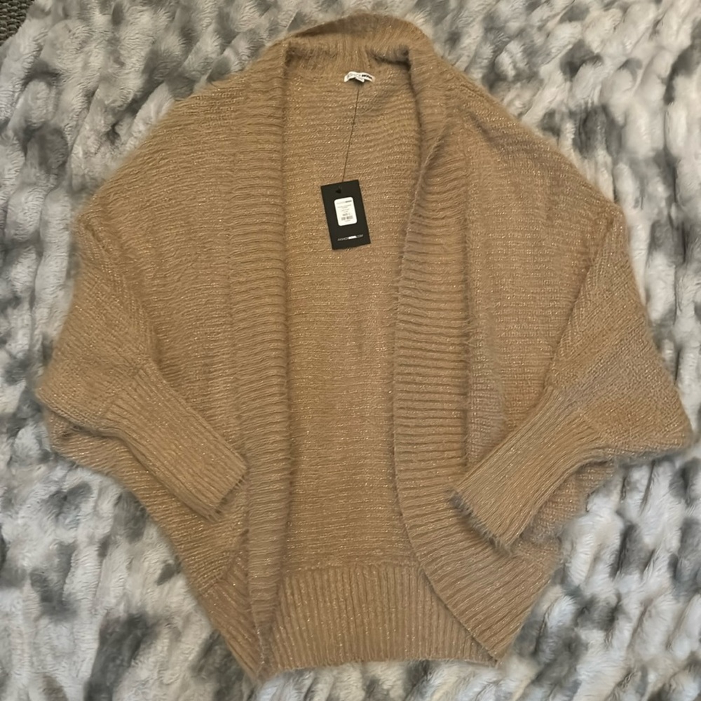 Fashion Nova Taupe Shimmery Fuzzy Cocoon Cardigan, NWT, size L